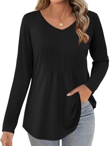 JUSTFASHIONNOW Black Shirts for Women Trendy Long Sleeve Tops Plus Size Dressy Blouses Pleated Maternity V Neck Shirt Tunics Early Fall Fashion (Black, XX-Large) - Thumbnail 3