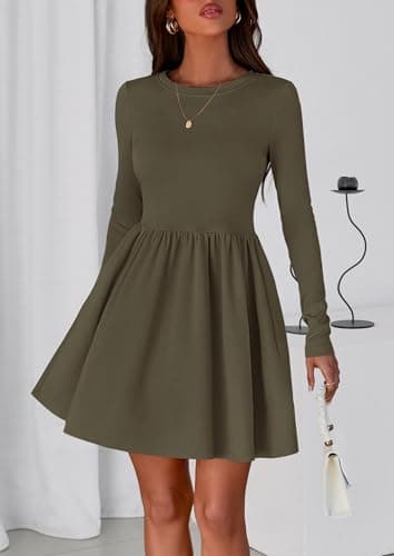 PRETTYGARDEN Women's Long Sleeve Mini Dresses 2026 Spring Casual Pleated A Line Party Cocktail Short Babydoll Dress with Pocket (Army Green,L) - Thumbnail 2