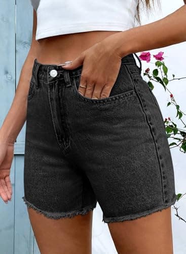 Pink Queen Women's High Waisted Denim Shorts 2026 Casual Star/Bow Frayed Hem Summer Hot Short Jeans with Pockets Black L - Thumbnail 4