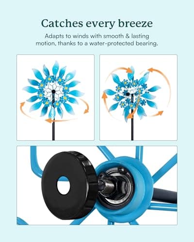 Cyan Oasis Wind Spinners Outdoor, Large Metal Garden Wind Spinners with Stake, Kinetic Windmill for Yard, Lawn, Patio, Backyard, Gift Ideas for Garden Lovers (15'' W x 71'' H) - Thumbnail 3