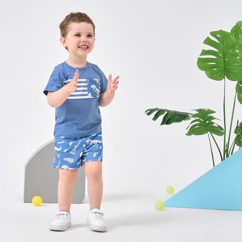JiuBreeze Toddler Baby Boy Clothes Boys Summer Outfits T-shirt Boy Shorts Set 18 Months-4T (Navy Blue, 2-3T) - Thumbnail 2