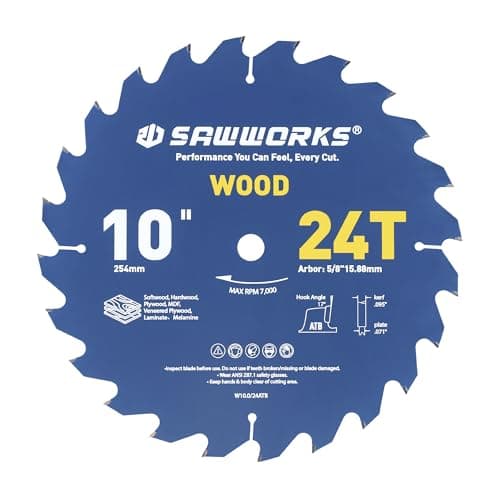 SawWorks 10 Inch 24T ATB Carbide Saw Blade, 5/8" Arbor, Wood Ripping & Framing Blade for Table Saw/Miter Saw