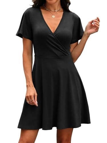 RUMIA Black Dresses for Women Summer Work Funeral Modest Graduation Semi Formal Dress Wrap V Neck Sun Dress S - Thumbnail 3