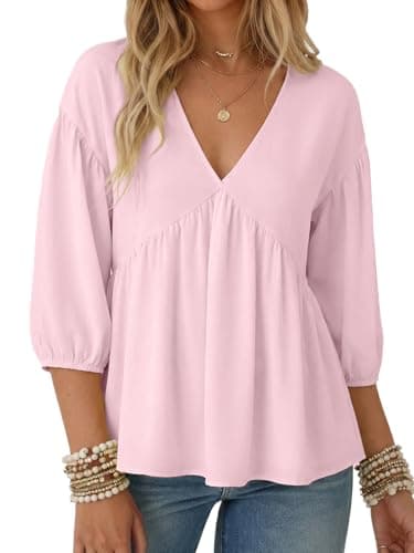 Aotasely Women's Flowy Peplum Babydoll Tops 3/4 Length Puff Sleeve Shirts Trendy Casual Loose Fit Blouse V Neck Outfits Pink
