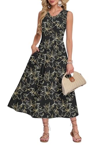 MOLERANI Summer Maxi Dresses for Women 2026 Vacation Sleeveless Loose Long Beach Dress Casual Button Down Sundresses with Pockets,Black Gold Leaf-S - Image 1