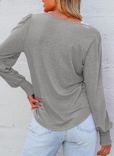 Dokotoo Shirts for Women Ruffle Long Sleeve V Neck Solid Color Knit Business Casual Corset Tops Comfy Ladies Basic Blouses Fall Clothes for Women 2024 Medium Grey Large - Thumbnail 2