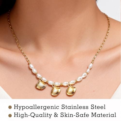 Seashell Necklace for Women: 3-Piece Boho Pendant with 10 Simulated Pearls, 14K Gold Plated on Stainless Steel Chain | Cute Beach Jewelry Gift for Summer (Gold) - Thumbnail 2