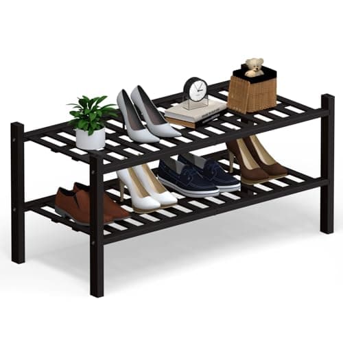 Haddockway 2 Tier Bamboo Shoe Rack Storage Organizer, Multifunctional Free Standing Stackable Shoe Shelf with Grid Panel for Closet,Hallway,Entryway,Small Space 27"x11"x13"