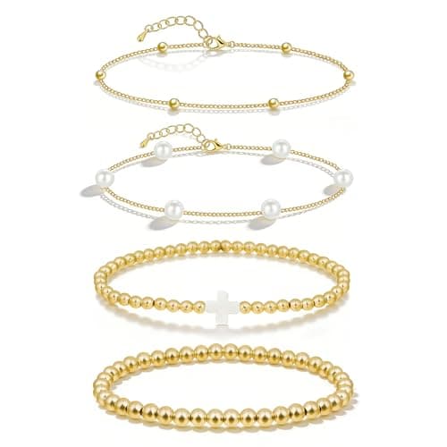 PEALICIOUS Gold Beaded Bracelets as Easter Gifts for Friends, 4PCS Pearl and Gold Bracelet for Girls Prom Jewelry, Layered Ball Braclets Sets Stack Cross Bead Braclet as Women Summer Gifts - Image 1