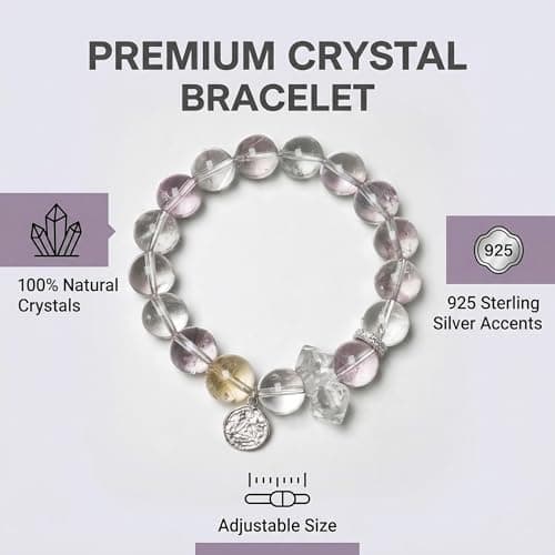 ANNIE WU Natural Amethyst Clear Quartz Citrine Crystal Bracelet, 925 Sterling Silver Accents, Adjustable 17-19cm, Healing Energy Jewelry for Women, Gift Box Included - Thumbnail 2