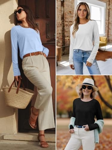 ATHMILE Long Sleeve Shirts for Women Casual Batwing T Shirt Round Neck Basic Loose Tunic Tops White - Thumbnail 5
