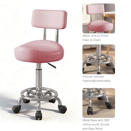 Walktory Vanity Chair with Back Small Armless Office Chair with Wheels and Footrest, PU Leather Adjustable Height Swivel Chair for Bedroom, Home Office Pink - Thumbnail 4