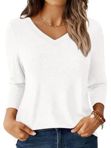 GKBK Womens Tops 3/4 Sleeve Shirts V Neck Casual Blouses Basic Loose Fit Pullover Tshirts White XL - Image 1