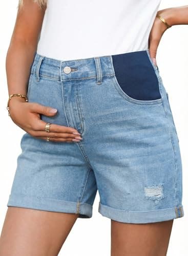 BLENCOT Women's Maternity Ripped Jean Shorts Fold Hem Denim Shorts Pregnancy Under Belly Pregnant Summer Shorts with Elastic Panel Myosotis Blue L - Image 1