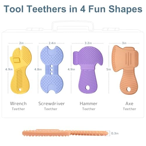 Baby Tool Teether Set, 4 Pack Silicone Textured Teething Toys for Boys 3–12 Months, Wrench Screwdriver Hammer Axe Chew Toys for Teething Relief, Newborn Infant & Toddler Baby Stuff - Thumbnail 5