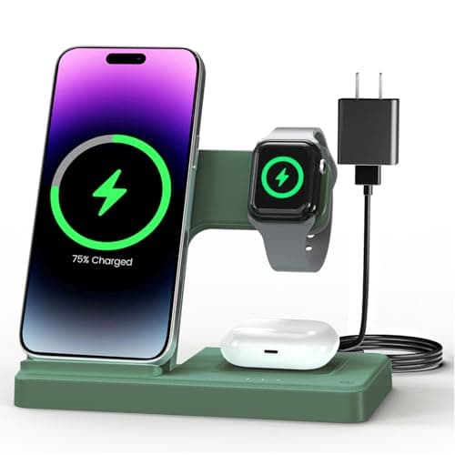 Wireless Charger Stand Charging Station: 3 in 1 Charger Multiple Devices for Apple iPhone 17 16e 16 15 14 Pro Max 13 12 11 for Watch 11 10 9 8 7 6 5 4 3 2 SE and Ultra & Airpods Series, Dark Green - Image 1