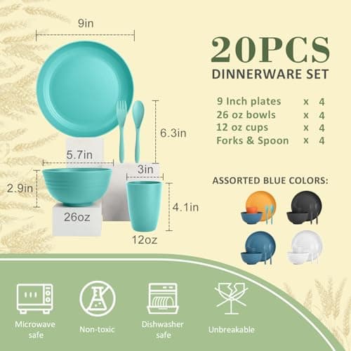 Wrova Wheat Straw Dinnerware Sets of 20,Dishwasher Safe Kitchen Plates and Bowls Sets,Camping Dishes Sets Contains Dinner Plates,Cereal Bowls,Drinking Cups and Flatware.(Green) - Thumbnail 2