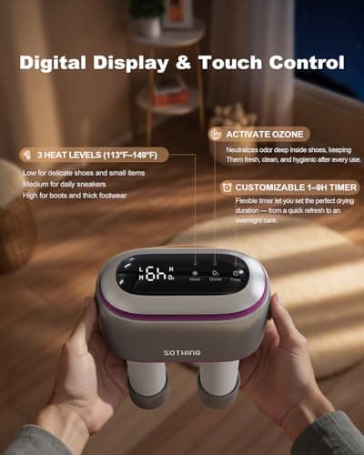 SOTHING Boot Dryer, Portable Shoe Dryer for Sneakers, Ozone Deodorizer, Retractable Hoses, 95W Rapid Drying, 3 Heat Levels, LED Touch Panel, 1–9H Timer, for Work Boots, Soccer Cleats, Gloves, Purple - Thumbnail 4