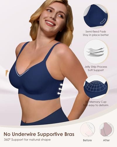 As Fairy Womens Soft Comfortable No Underwire Bras V Neck Seamless Push Up Bralettes Full Coverage Tshirt Brassiere Navy Blue 32D - Thumbnail 3