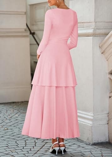Lazysmile Women's Long Sleeve Fall Dresses Square Neck Ruched Waist Ruffle Hem Flowy Elegant Modest Boho Casual Maxi Dress Pink - Thumbnail 2