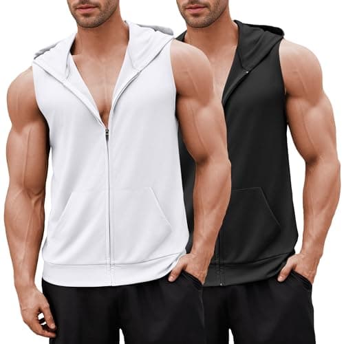 COOFANDY Men's Workout Tank Tops 2 Pack Sleeveless Running Bodybuilding Zip Up Hoodies White Gym Casual Tee Black - Image 1
