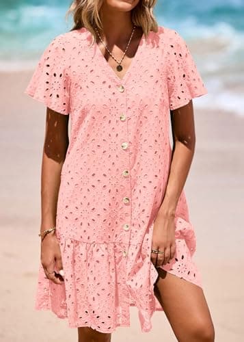 KIRUNDO Eyelet Dresses for Women 2026 Spring Summer Short Sleeve Button Down Loose Mini Babydoll Dress Beach Vacation Clothes(Pink, Medium) - Thumbnail 5