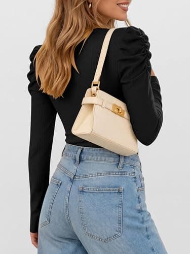 ANRABESS Womens Puff Long Sleeve Shirts, Comfy Stretchy Ribbed Knit Fitted Tops, Trendy Fall Winter Tee for Work & Casual Black Small - Thumbnail 4