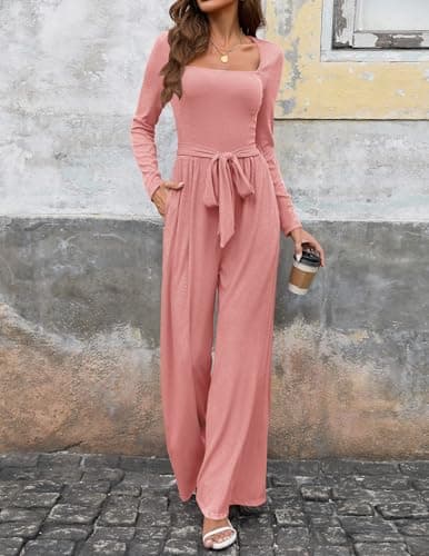 LOOKBOHO One Piece Jumpsuits for Women Dressy Casual Square Neck Elegant Wedding Guest Jumpsuit Long Romper Dusty Pink XL - Thumbnail 2