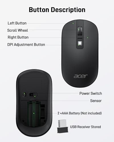 Acer Computer Mouse Wireless, 2.4G Slim USB Wireless Mice with USB Receiver, Small Sized Hands, 800/1200/1600 Adjustable DPI Optical Laptop Mouse with 4 Buttons, Portable for Laptop, Desktop, PC - Thumbnail 4