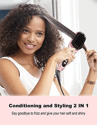 LANDOT Ionic Hair Straightener Brush – Ceramic Straightening Brush with 12 Heat Settings (250-450°F) for Smooth & Shiny Results, Ideal for Medium & Long Women Hair, Dual Voltage, Rose Gold - Thumbnail 2