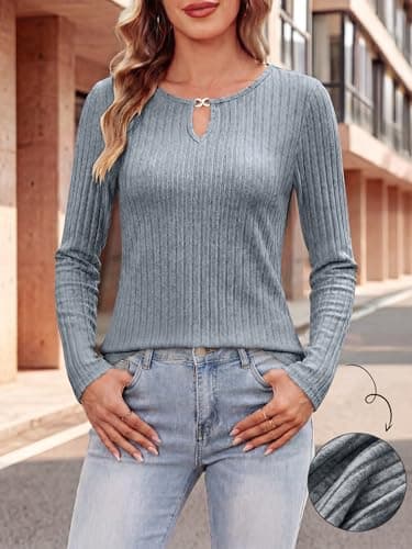 ANRABESS Women's Ribbed Knit Long Sleeve Tops,Blue,Large - Thumbnail 2