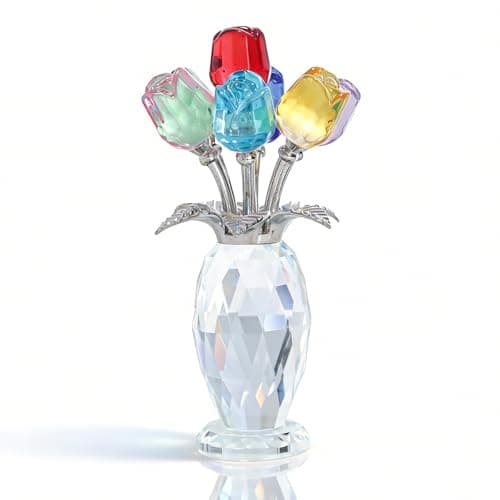 MysticGlitz 5.7" Crystal Rose Figurine with Vase, Glass Flowers Bouquet Collectible for Home Decor, Hand-Polished Everlasting Rose Centerpiece, Birthday for Women