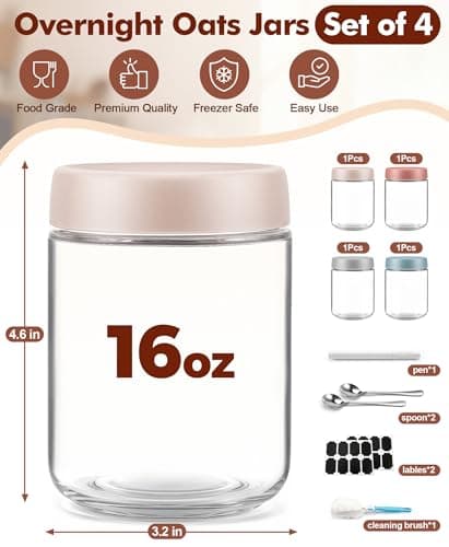 4 pack 16 oz Overnight Oats Containers with Lids and Spoons Glass Jars with Airtight Lids: Wide Mouth Mason Salad Jars, Leakproof and Reusable Glass Food Storage Container for Yogurt Snacks Spice - Thumbnail 4
