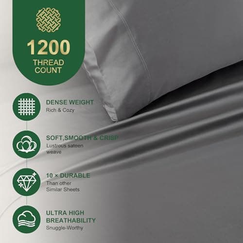 Ivellow 100% Egyptian Cotton Sheets King Size Set - 1200 Thread Count 6 PC 18" Deep Pocket King Size Bed Sheet Set，Durable Hotel Quality Luxury Soft Breathable Grey Cooling Sheet Sets Bedding - Thumbnail 2