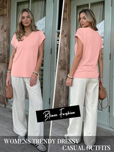 Bliwov Womens Summer Tops V Neck Lace Short Sleeve T Shirts Dressy Casual Business Outfits 2026 Spring Fashion Tee Clothes Light Pink - Thumbnail 3