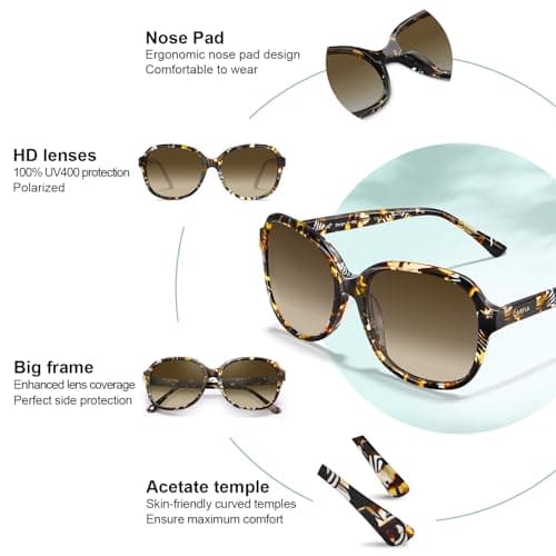 CARFIA Acetate Oversized Square Polarized Sunglasses for Women UV Protection Retro Trendy Big Shades Brown - Thumbnail 5