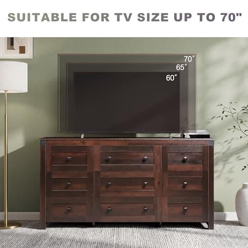 GALAXHERO Farmhouse TV Stand, 63" Wide 9-Drawer Storage Organizer, Wood TV Console for Living Room, Office, for 70 inch TV, Ball Bearing Slide, Brown - Thumbnail 6