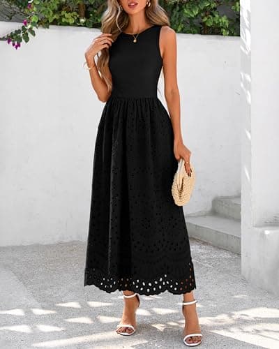 dowerme Women Summer Dresses 2026 Casual Sleeveless Crewneck A-Line Boho Lace Eyelet Cotton Tank Maxi Dress with Pockets(Black,X-Large) - Thumbnail 6