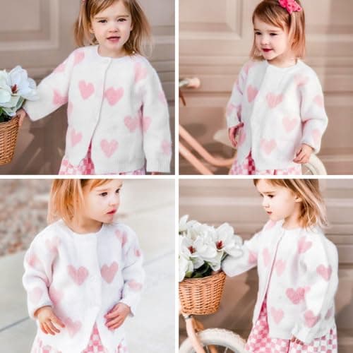 Simplee kids Baby Sweater Heart Printed Toddler Cardigan Valentines Day Outfit White 2-3T - Thumbnail 2