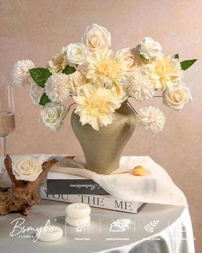 BSMYBO White Flower Artificial Roses Faux Flowers with Stems Mix Fake Roses Dahlia Chrysanthemum Ball for Wedding Bridal Bouquets, Table Centerpieces, Baby Shower, Party, Home Decorations - Thumbnail 5