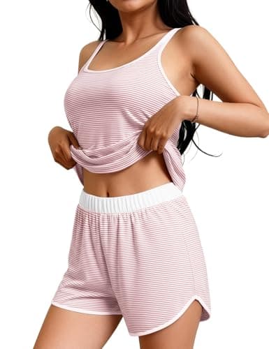 JUSTFASHIONNOW Womens Striped Tank Top Pajama Set 2 Piece Summer Cami and Shorts Pjs Set Comfy Sleeveless Sleepwear(Pink,X-Large) - Image 1