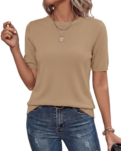 BTFBM Summer Tops Short Sleeve Sweater for Women Crew Neck Lightweight Knit Pullover Loose Dressy Casual Blouse Clothing(Khaki, X-Large) - Image 1