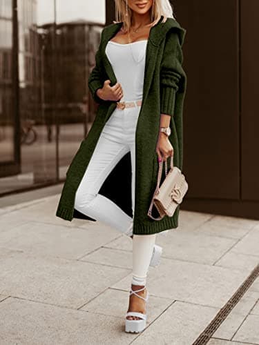 Aoysky Womens Long Cardigans Cable Knitted Open Front Oversized Hooded Outerwear Sweater Coat Army Green - Thumbnail 4