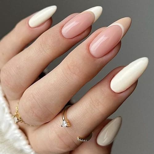 GLAMERMAID Creamy White Press on Nails Medium Almond, Nude Pink Beige Crush Jelly Gel False Nals, French Tip Stiletto Glue on Nails Kit for Women, Short Oval Stick on Acrylic Fake Nails Manicure Set