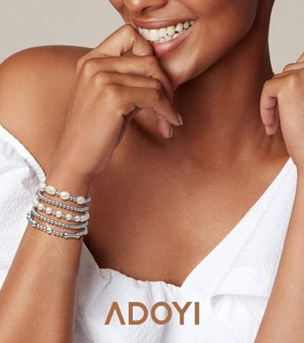 adoyi Silver Beaded Bracelets for Women, 14K Gold Plated Bead Bracelets Stack Trendy Stackable Bracelet Set Strand Stretch Pearl Ball Bracelet Bracelet Set Jewelry Set for Women Gift - Thumbnail 2