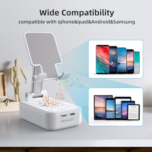ZEALOT Cell Phone Stand with Wireless Bluetooth Speaker, Phone Holder and Wireless Induction Speaker Amplifier Dock,Gifts for Women Men Dad Mom Him Her-White - Thumbnail 3