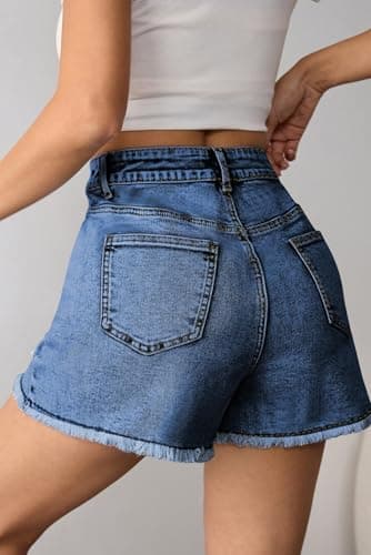 Pink Queen Women's Summer Jean Shorts 2026 Fashion Frayed Ripped Denim Shorts Casual Star/Bow Frayed Hem Hot Shorts with Pockets Dark Blue M - Thumbnail 5