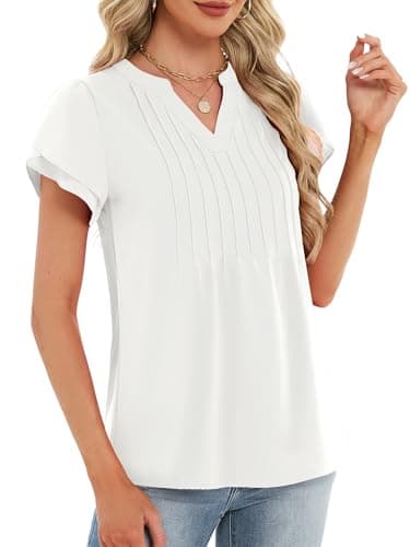 Funlingo Dressy Casual Tops for Women Short Ruffle Sleeve Business Work Blouse 2026 Spring Professional Office Pleated White Shirts M - Thumbnail 4
