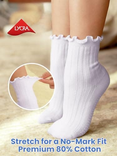 ALLOVIN 6 Pairs Non-Slip Ruffle Socks for Baby & Toddler Girls – Soft Cotton Grip Socks | 6 Pairs Pure White | 3-5 Years - Thumbnail 6