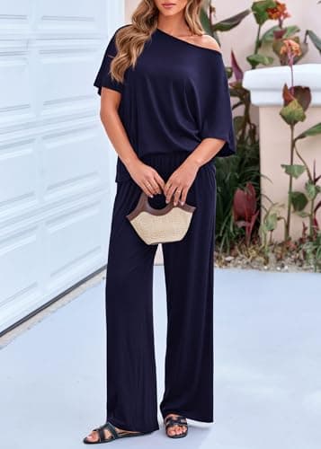 KIRUNDO Two Piece Sets for Women Lounge Airport Travel Vacation Outfits 2026 Summer Off Shoulder Tops Matching Wide Leg Pants(Navy, XX-Large) - Thumbnail 5